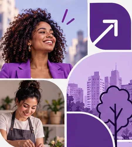 Colagem com mulheres de diferentes profissões e cenas urbanas