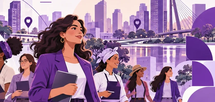 Ilustração de comunidade feminina e cidade lilás